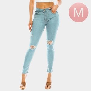 Light Blue Bling Studded Destroyed Style Skinny Jeans Plus Size Pants